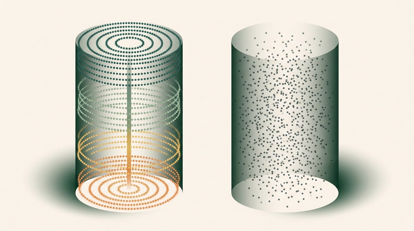 Vindex viewer poster — fp16 model on the left with organized helical structure, 1-bit dissolved cloud on the right
