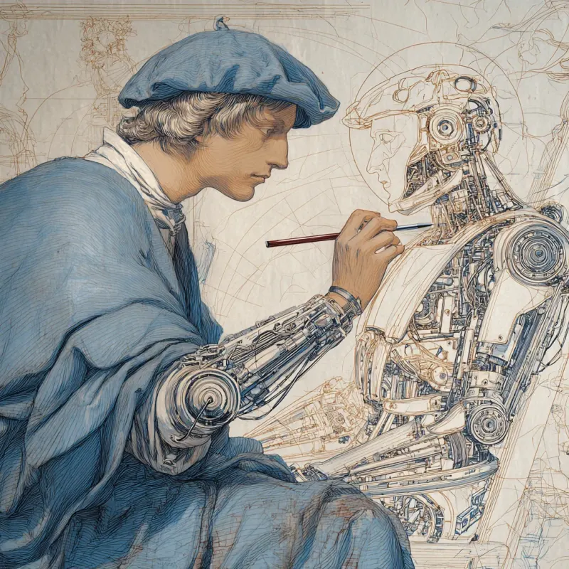 Leonardo da Vinci drawing a robot