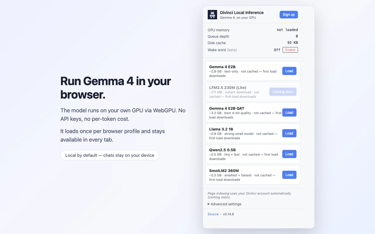 The extension's model picker, showing the available on-device models and their download sizes