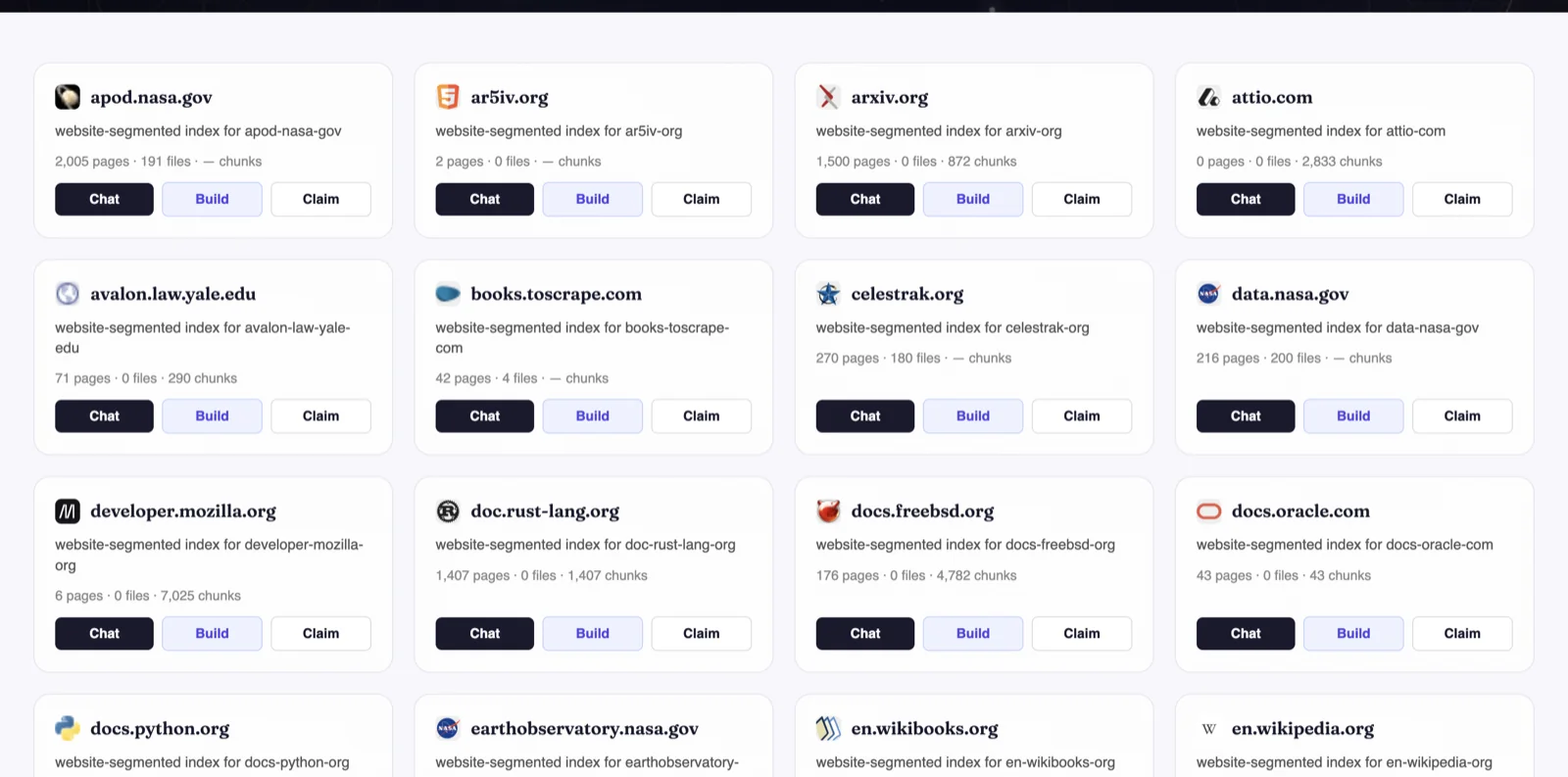 The WWW-RAG directory in July 2026 — a grid of site cards including the Internet Encyclopedia of Philosophy, NASA, the Linux man pages, Project Gutenberg and the FAA.